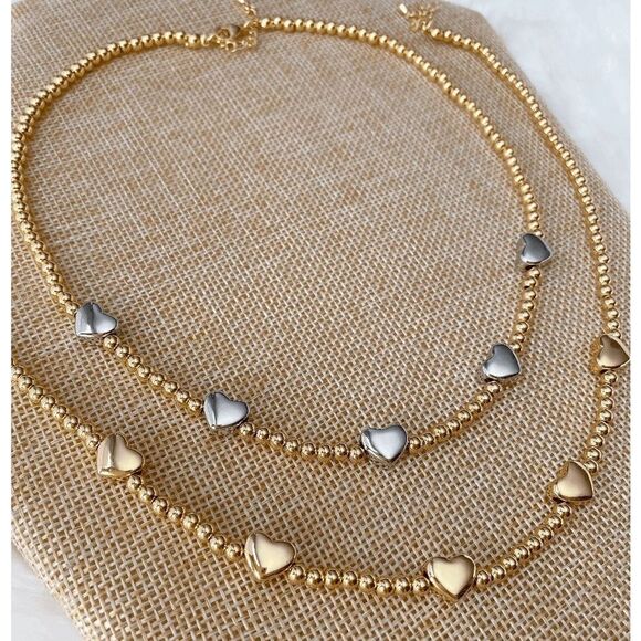 Gold Beaded Puffed Heart Saturn Necklace Choker - Picture 4 of 6